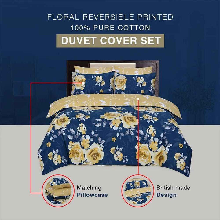 100% cotton floral duvet cover in navy and mustard