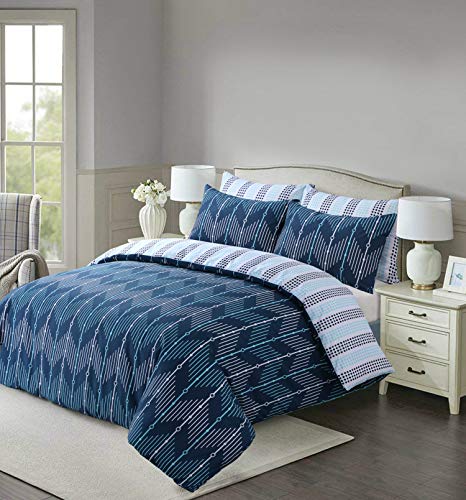 polycotton Reversible  Printed Duvet Cover Set  - Zig zag Blue