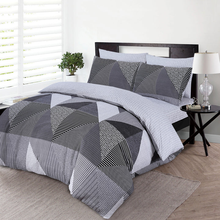 4 Piece Complete Bedding Set Duvet Cover Set With Fitted Bed Sheet & Pillowcases - Geo Grey Triad