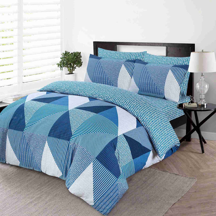 4 Piece Complete Bedding Set Duvet Cover Set With Fitted Bed Sheet & Pillowcases - Geo Teal Triad