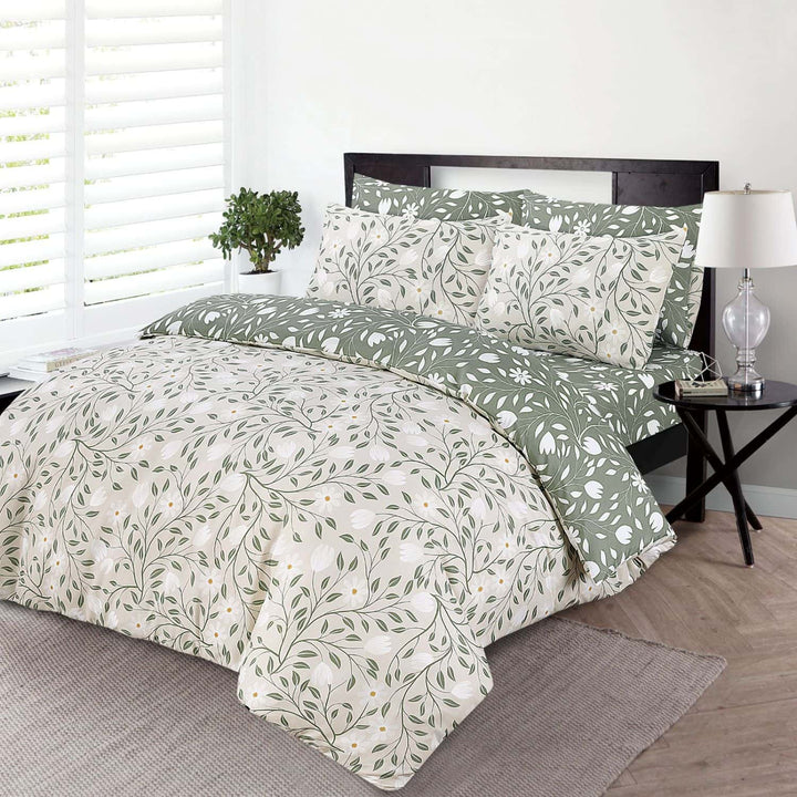 4 Piece Complete Bedding Set Duvet Cover Set With Fitted Bed Sheet & Pillowcases - Tulip Green