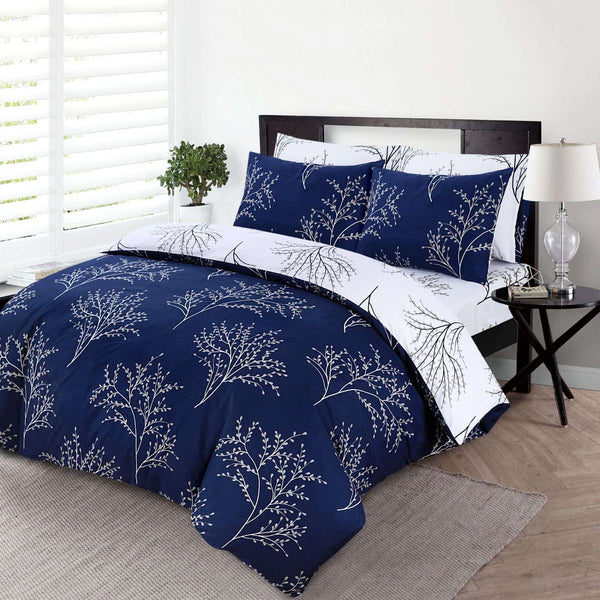 4 Piece Complete Bedding Set Duvet Cover Set With Fitted Bed Sheet & Pillowcases - Navy Blue Branches