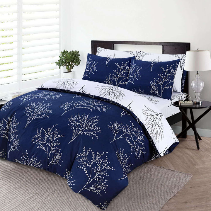 4 Piece Complete Bedding Set Duvet Cover Set With Fitted Bed Sheet & Pillowcases - Navy Blue Branches