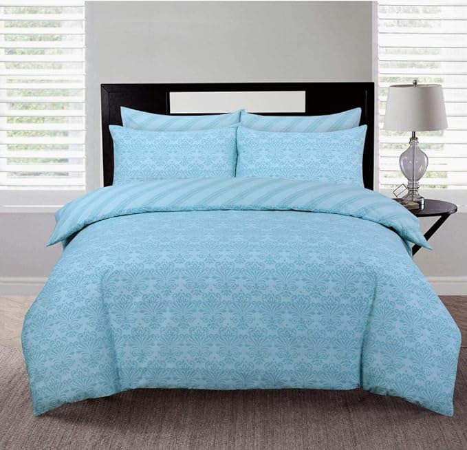 Damask Duck Egg Print Reversible Cotton Duvet Quilt Cover Set 