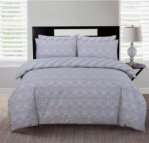 Damask Silver Print Reversible Cotton Duvet Quilt Cover Set - Soft & Fun