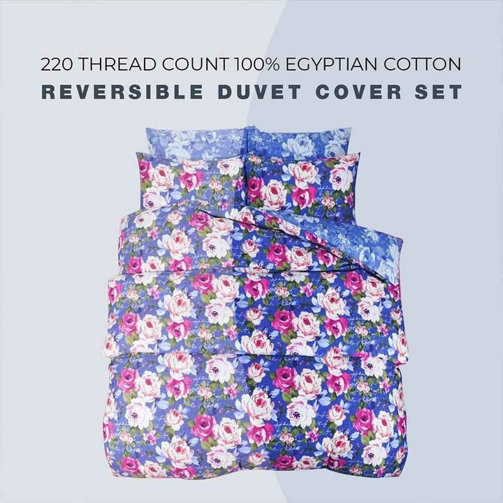 Luxury Tea Rose Blue Egyptian Cotton Duvet Cover Set - 220 Thread Count