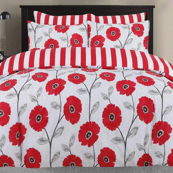 Polycotton Reversible Printed Duvet Cover Set  - Red Flower DTEX HOMES