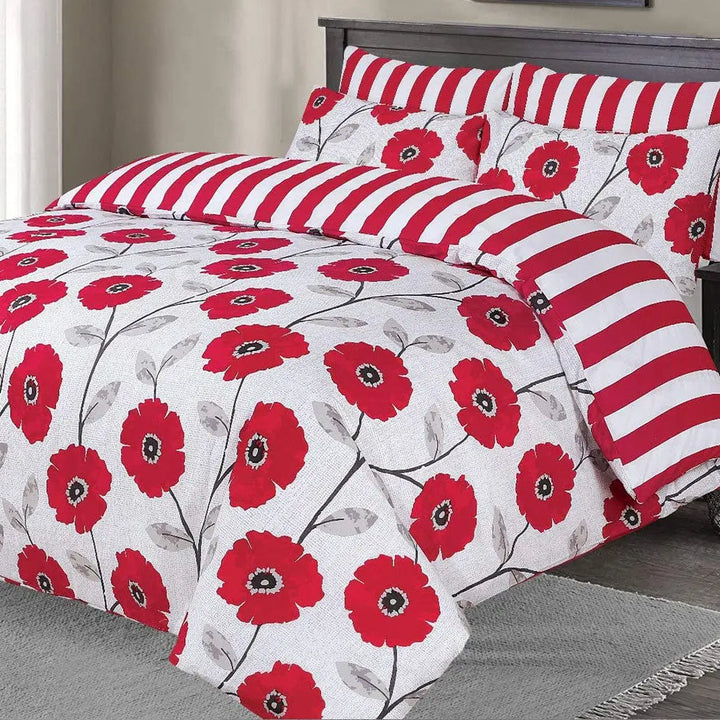 Polycotton Reversible Printed Duvet Cover Set  - Red Flower DTEX HOMES