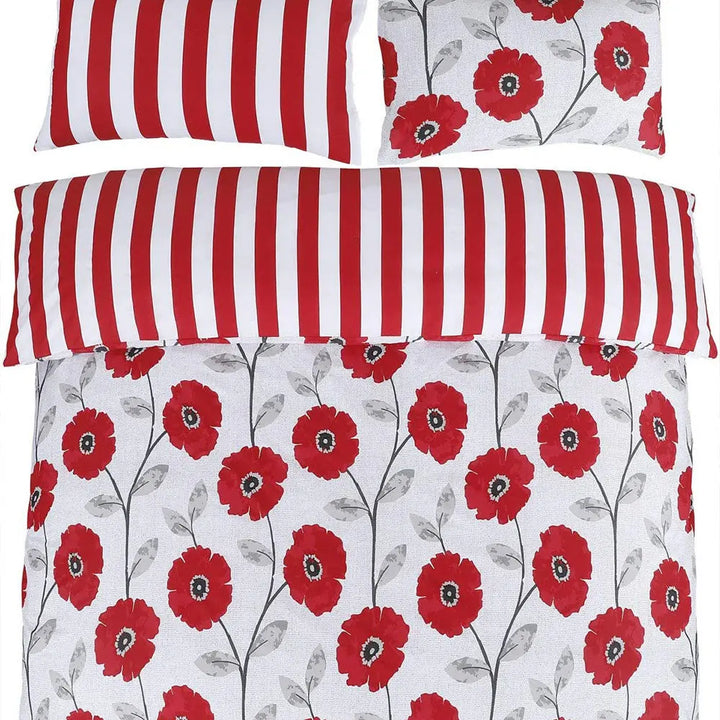 Polycotton Reversible Printed Duvet Cover Set  - Red Flower DTEX HOMES