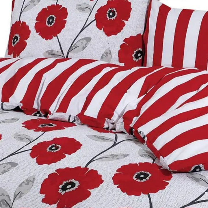 Polycotton Reversible Printed Duvet Cover Set  - Red Flower DTEX HOMES