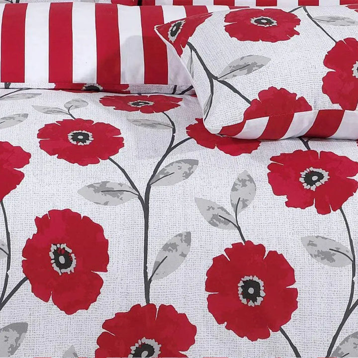 Polycotton Reversible Printed Duvet Cover Set  - Red Flower DTEX HOMES