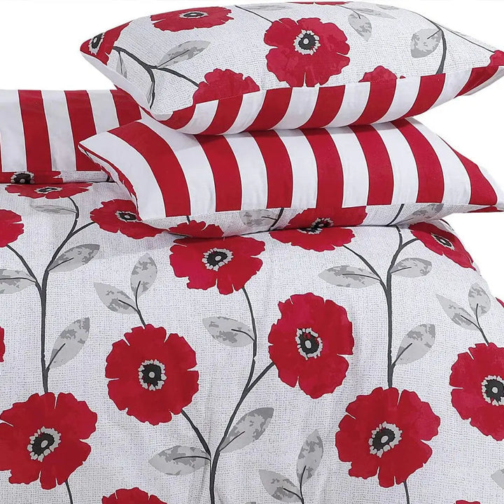 Polycotton Reversible Printed Duvet Cover Set  - Red Flower DTEX HOMES