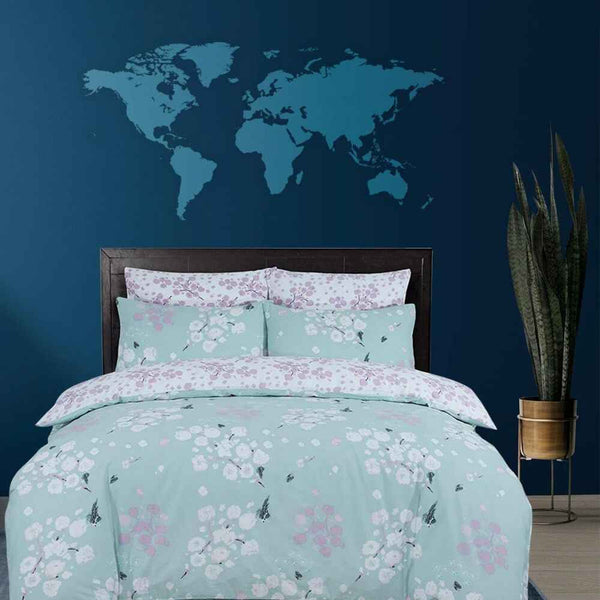 Printed Blossom Duvet Cover Set - 100% Pure Cotton - Duck Egg