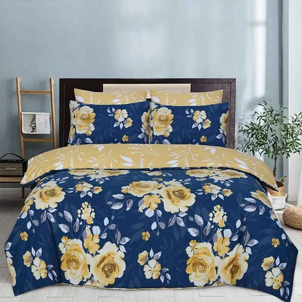 Pure Cotton Printed Duvet Cover - Premium Quality - Navy Mustard Roses