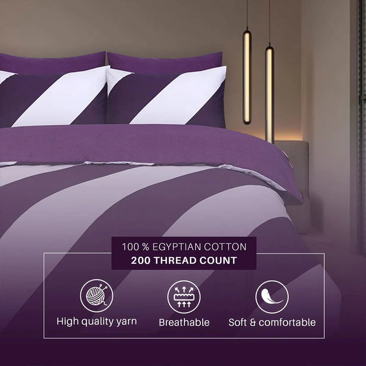Soft Egyptian Cotton Duvet Cover Set with Aubergine Stripes - 200 Thread Count