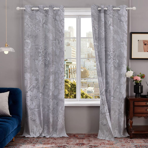 DTEX HOMES Heavy Thick Blackout Curtains Eyelet Ring Top Pair with Tie Back - Versaille Silver