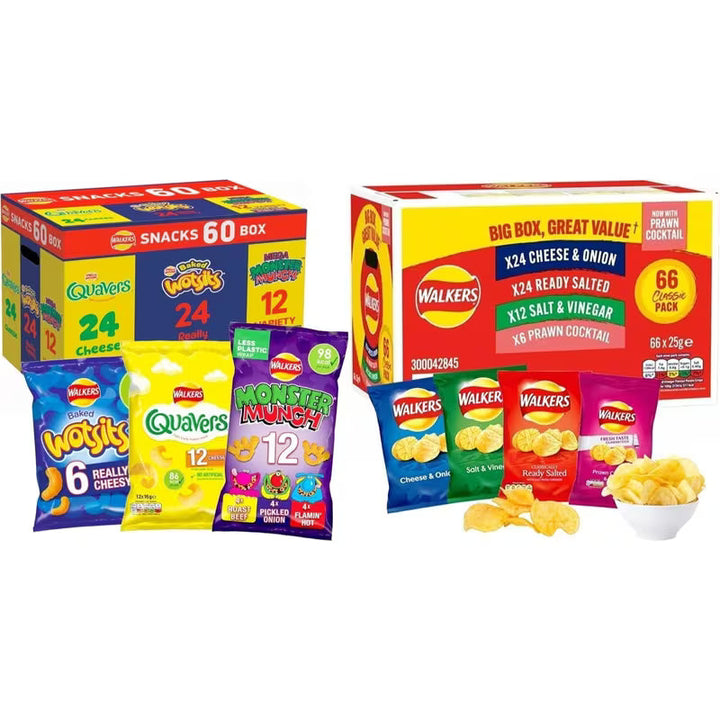Walkers Crisps 60 Pack Snack Variety Box Quavers + Giant Crisps Multip ...