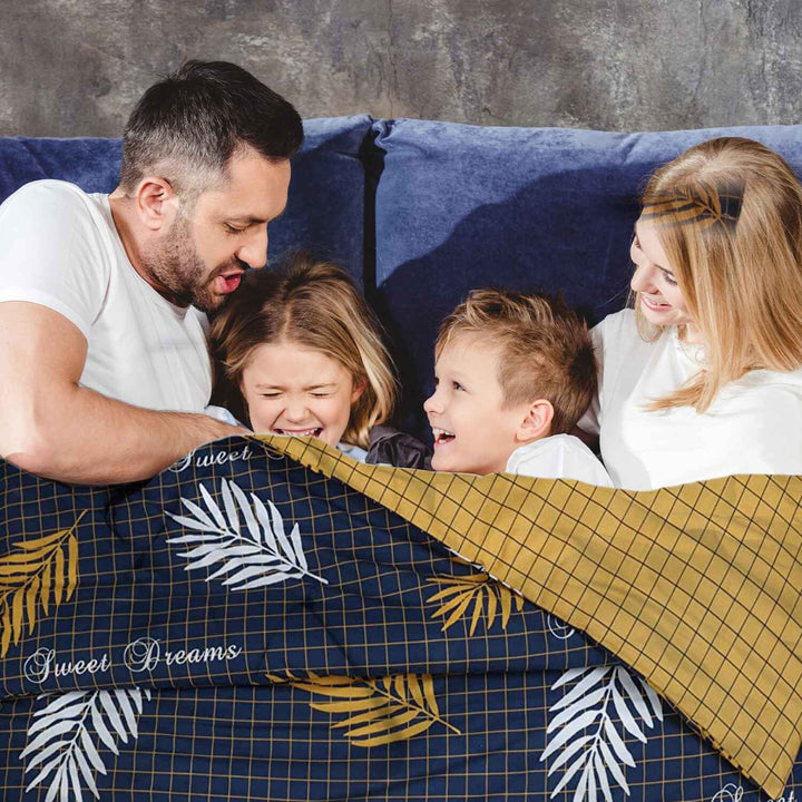mustard and navy cotton quilt cover with pillowcases
