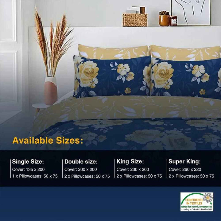 navy and mustard rose printed bedding set