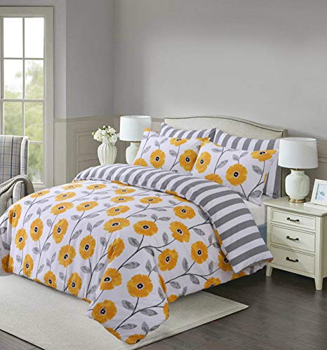 polycotton Reversible  Printed Duvet Cover Set  - Mustard Flower