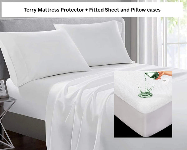 4pcs Sheet Set - 1 x Terry Mattress Protector, 1 x FittedSheet & 2 xPillowcases DTEX HOMES