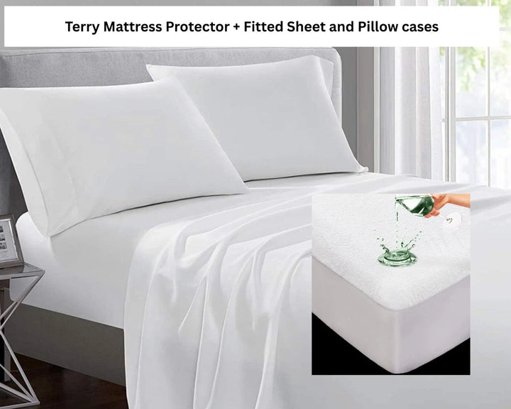 4pcs Sheet Set - 1 x Terry Mattress Protector, 1 x FittedSheet & 2 xPillowcases DTEX HOMES