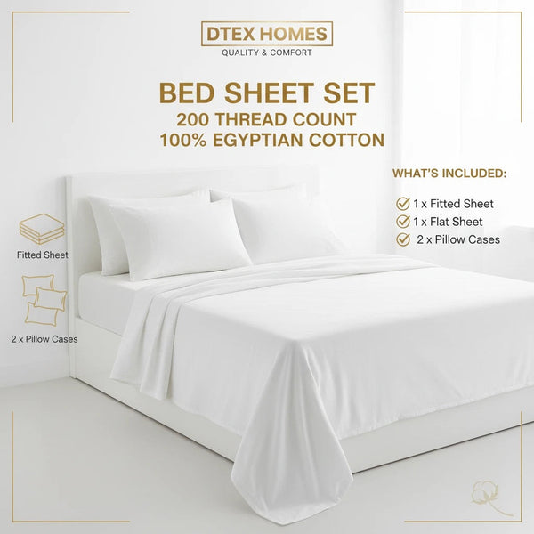 Luxury 200TC Egyptian Cotton Sheet Set 1 x Fitted Sheet Flat Sheet &2 Pillowcase DTEX HOMES