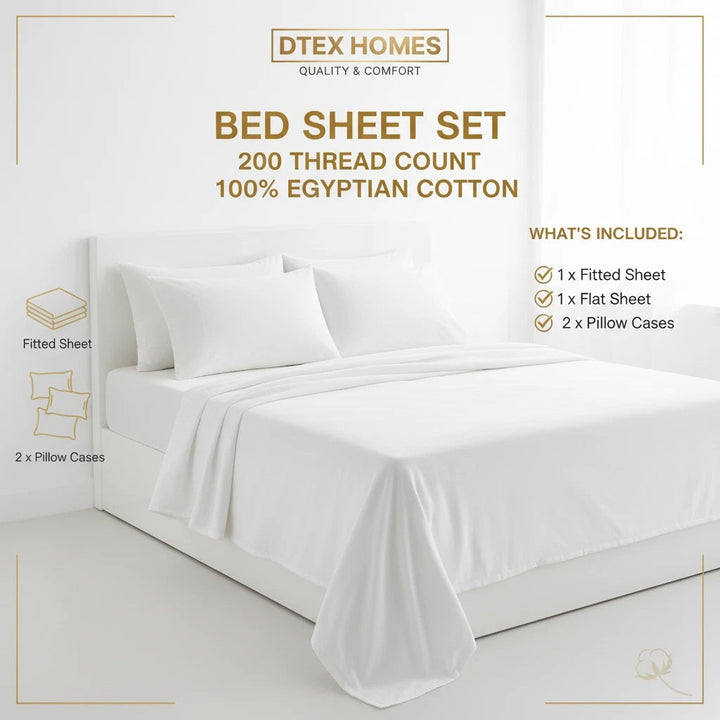 Luxury 200TC Egyptian Cotton Sheet Set 1 x Fitted Sheet Flat Sheet &2 Pillowcase DTEX HOMES