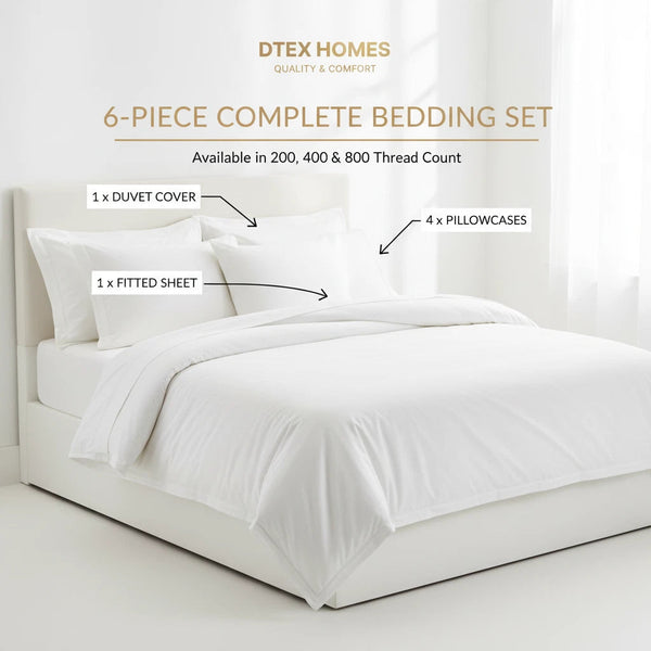 6Pcs BEDDING SET 100% COTTON 1 x DUVET COVER 1 x FITTED SHEET & 4 x PILLOWCASE DTEX HOMES