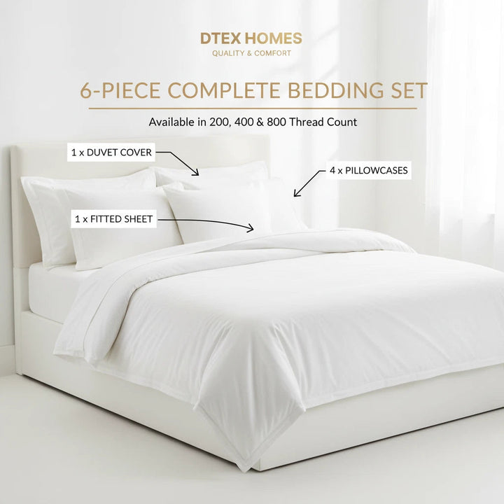 6Pcs BEDDING SET 100% COTTON 1 x DUVET COVER 1 x FITTED SHEET & 4 x PILLOWCASE DTEX HOMES