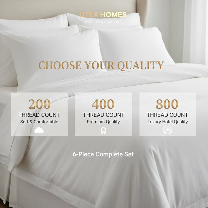 6Pcs BEDDING SET 100% COTTON 1 x DUVET COVER 1 x FITTED SHEET & 4 x PILLOWCASE DTEX HOMES