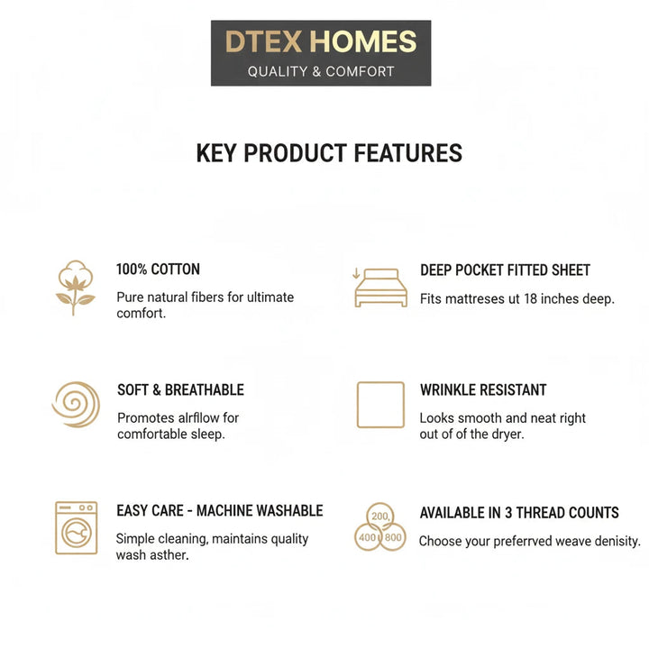 6Pcs BEDDING SET 100% COTTON 1 x DUVET COVER 1 x FITTED SHEET & 4 x PILLOWCASE DTEX HOMES