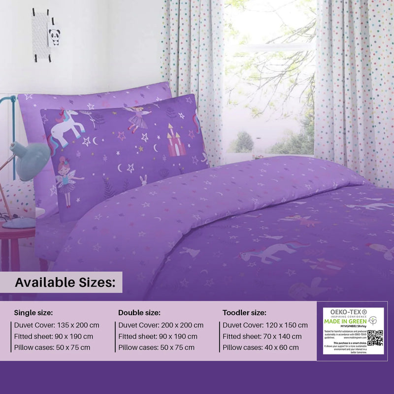100% Cotton Kids Complete Unicorn Bed Set with matching bedsheet - Purple