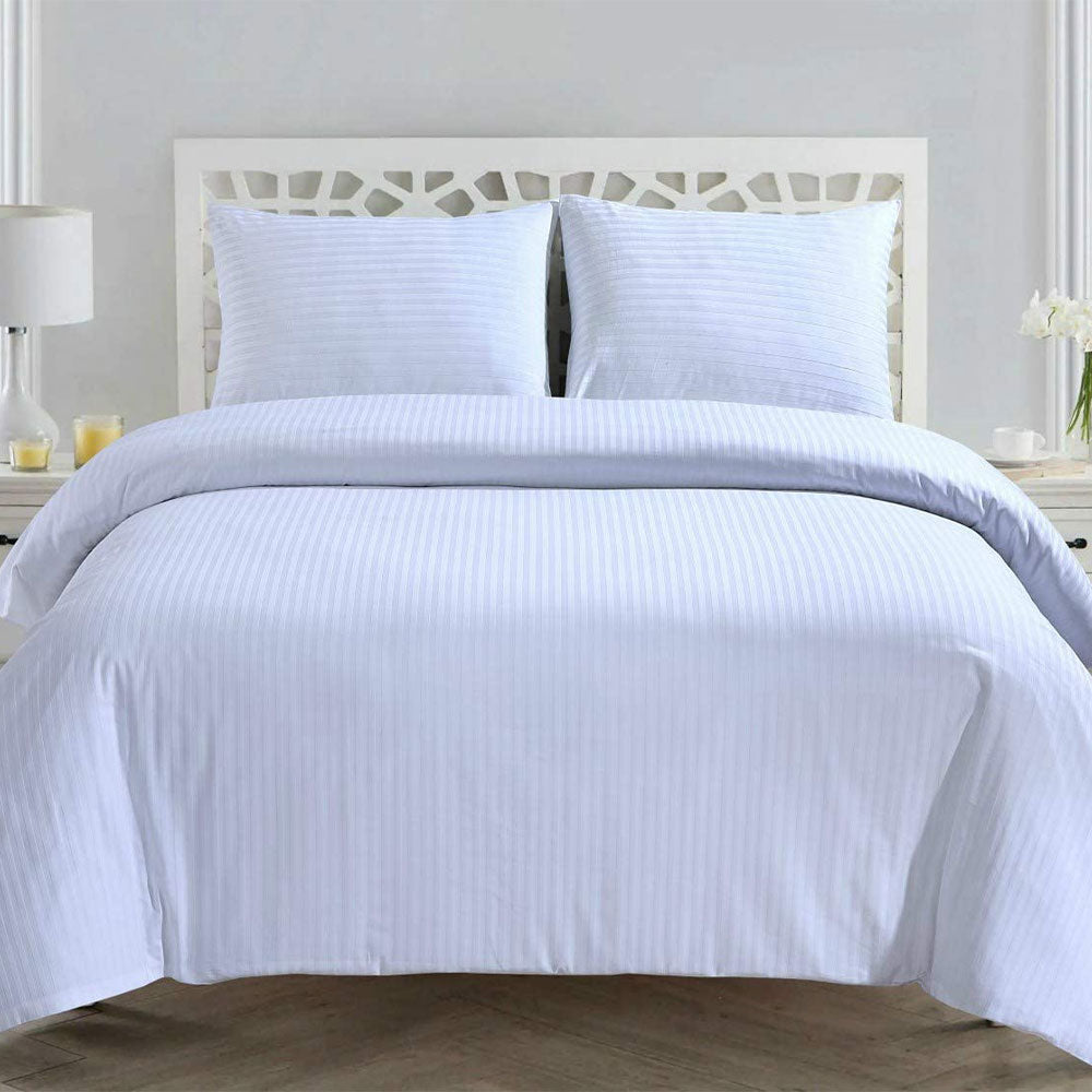 300 Thread Count 100% Cotton Sateen Stripe Duvet Quilt Cover Set With Pillow Cases - White