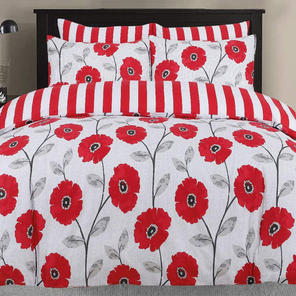 Polycotton Reversible Printed Duvet Cover Set  - Red Flower
